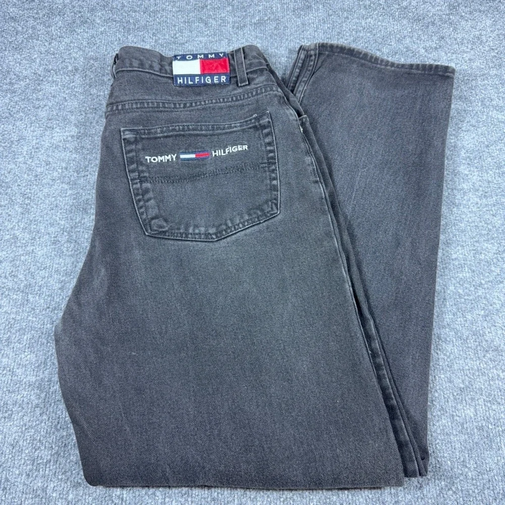 Tommy Hilfiger Vintage Mens Jeans Faded Black Straight Leg Flag Logo Denim 36x34